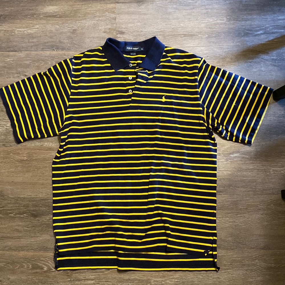 Polo Golf Yellow Navy Blue Striped 100% Cotton Polo Shirt Size XL